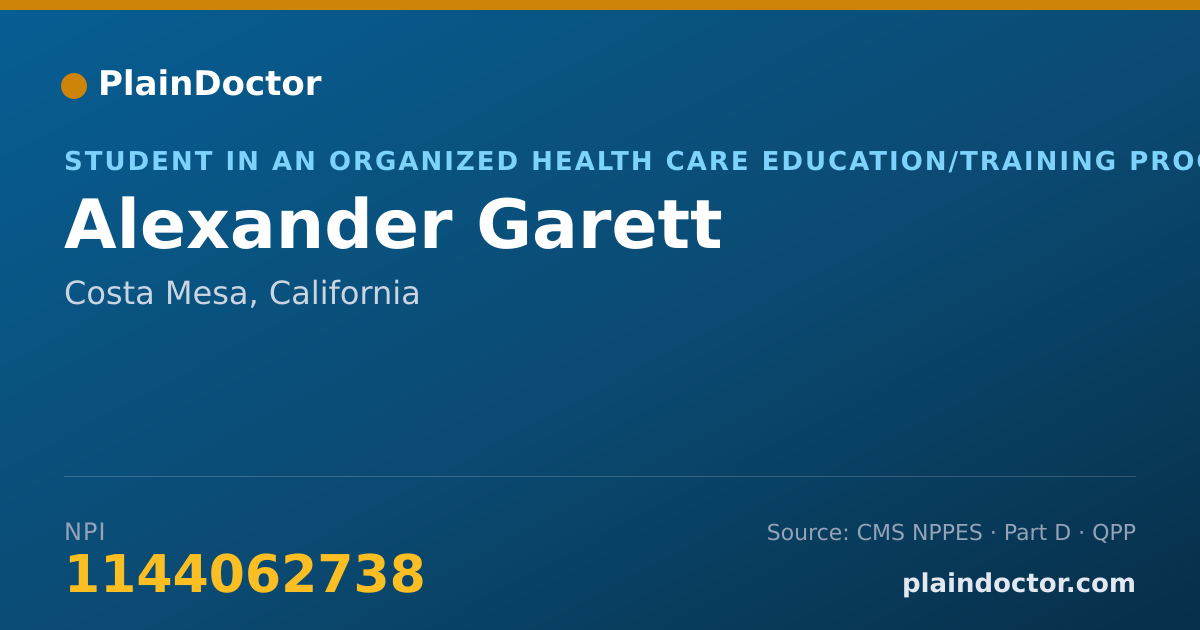 Shareable card for Alexander Garett - Student in an Organized Health Care Education/Training Program, Costa Mesa, CA