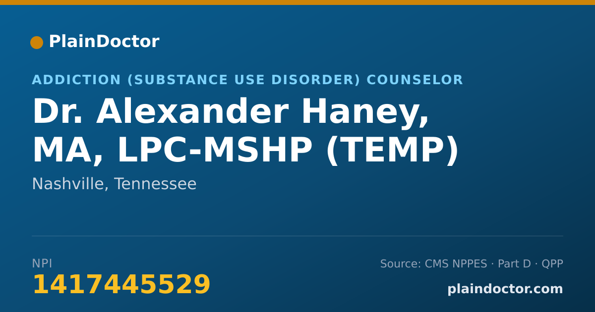 Shareable card for Alexander Haney, MA, LPC-MSHP (TEMP) - Addiction (Substance Use Disorder) Counselor, Nashville, TN