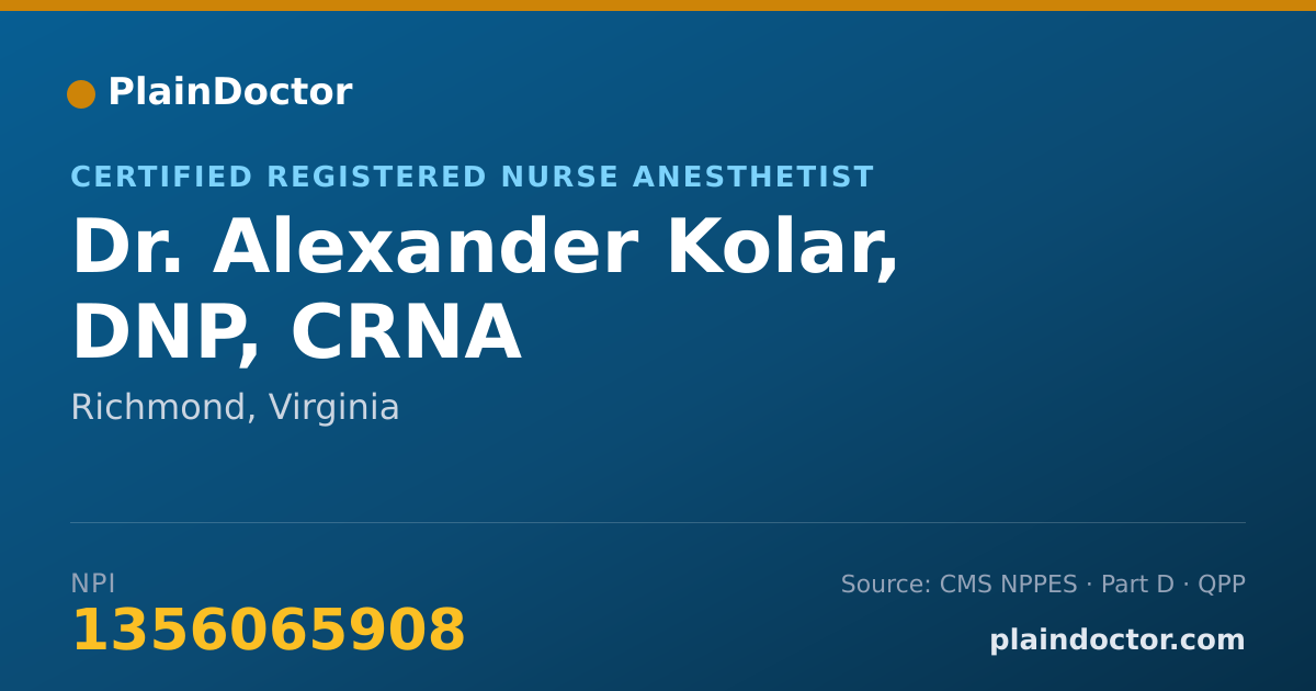 Shareable card for Alexander Kolar, DNP, CRNA - Certified Registered Nurse Anesthetist, Richmond, VA