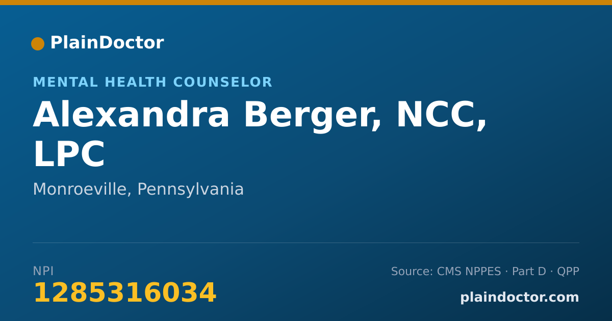 Shareable card for Alexandra Berger, NCC, LPC - Mental Health Counselor, Monroeville, PA