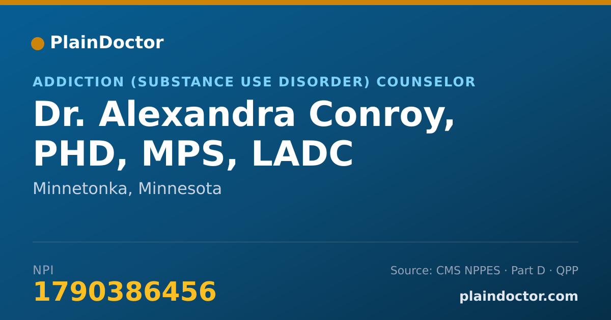 Shareable card for Alexandra Conroy, PHD, MPS, LADC - Addiction (Substance Use Disorder) Counselor, Minnetonka, MN