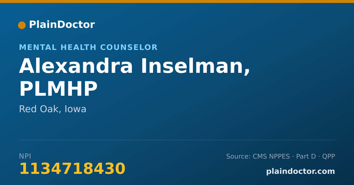 Shareable card for Alexandra Inselman, PLMHP - Mental Health Counselor, Red Oak, IA