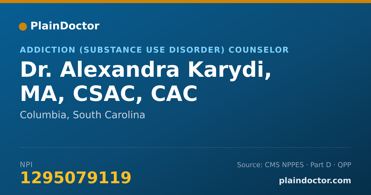 Shareable card for Alexandra Karydi, MA, CSAC, CAC - Addiction (Substance Use Disorder) Counselor, Columbia, SC