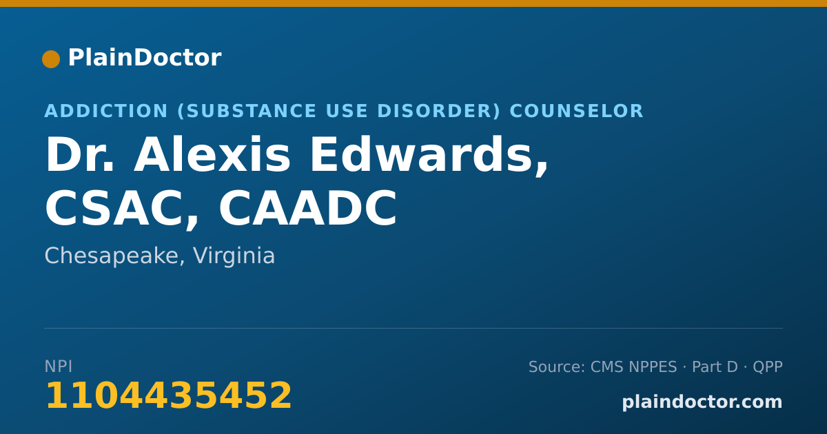 Shareable card for Alexis Edwards, CSAC, CAADC - Addiction (Substance Use Disorder) Counselor, Chesapeake, VA