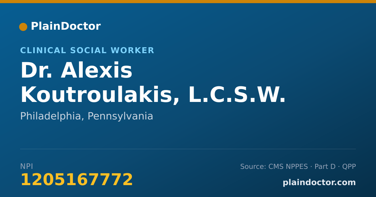 Shareable card for Alexis Koutroulakis, L.C.S.W. - Clinical Social Worker, Philadelphia, PA