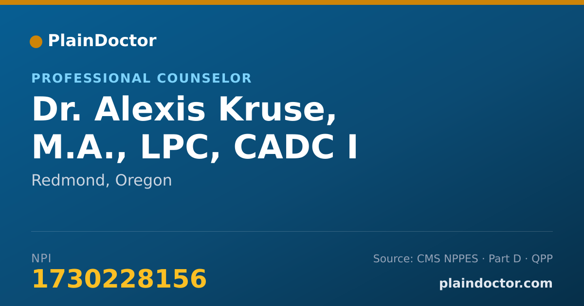 Shareable card for Alexis Kruse, M.A., LPC, CADC I - Professional Counselor, Redmond, OR