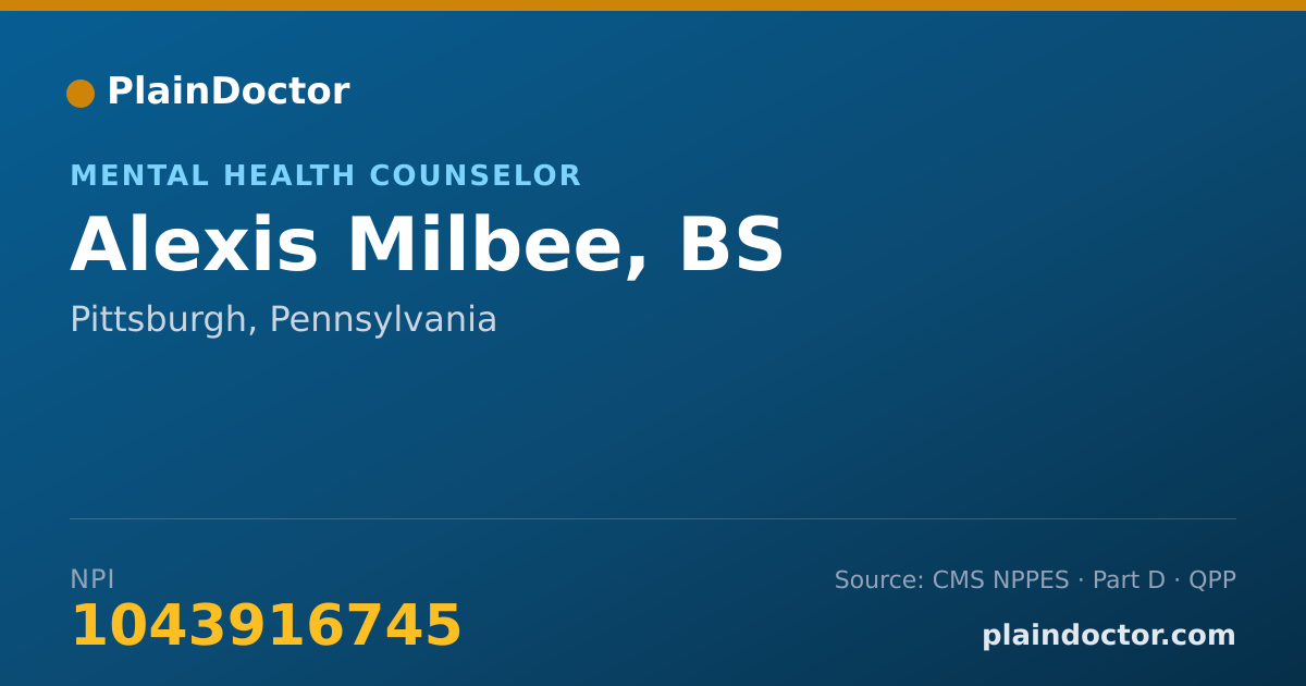 Shareable card for Alexis Milbee, BS - Mental Health Counselor, Pittsburgh, PA