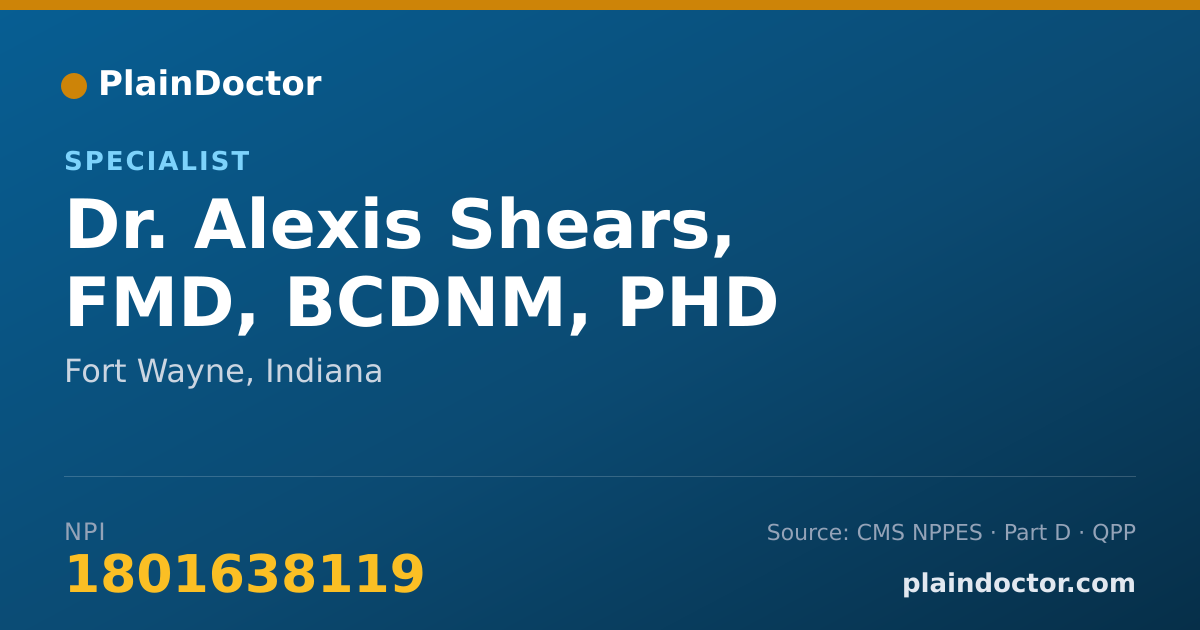 Shareable card for Alexis Shears, FMD, BCDNM, PHD - Health & Wellness Coach, Fort Wayne, IN