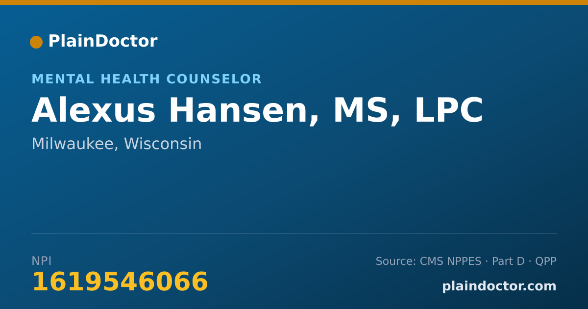 Shareable card for Alexus Hansen, MS, LPC - Mental Health Counselor, Milwaukee, WI