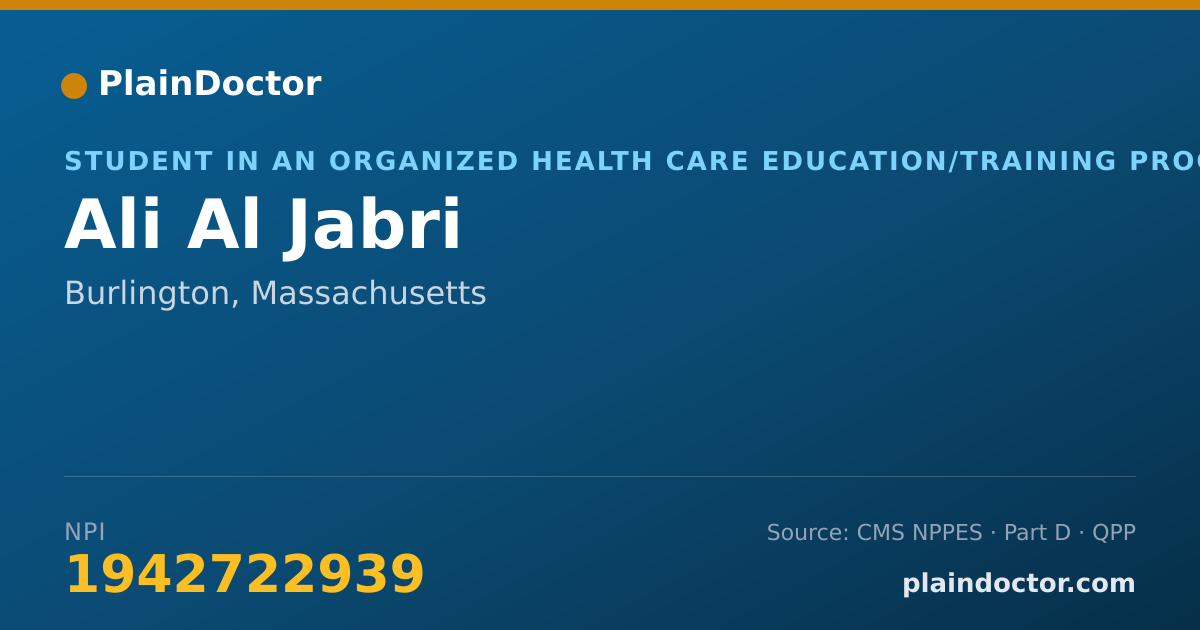 Shareable card for Ali Al Jabri - Student in an Organized Health Care Education/Training Program, Burlington, MA