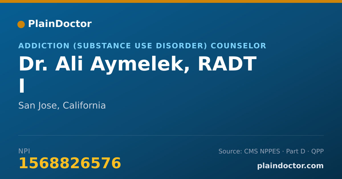 Shareable card for Ali Aymelek, RADT I - Addiction (Substance Use Disorder) Counselor, San Jose, CA