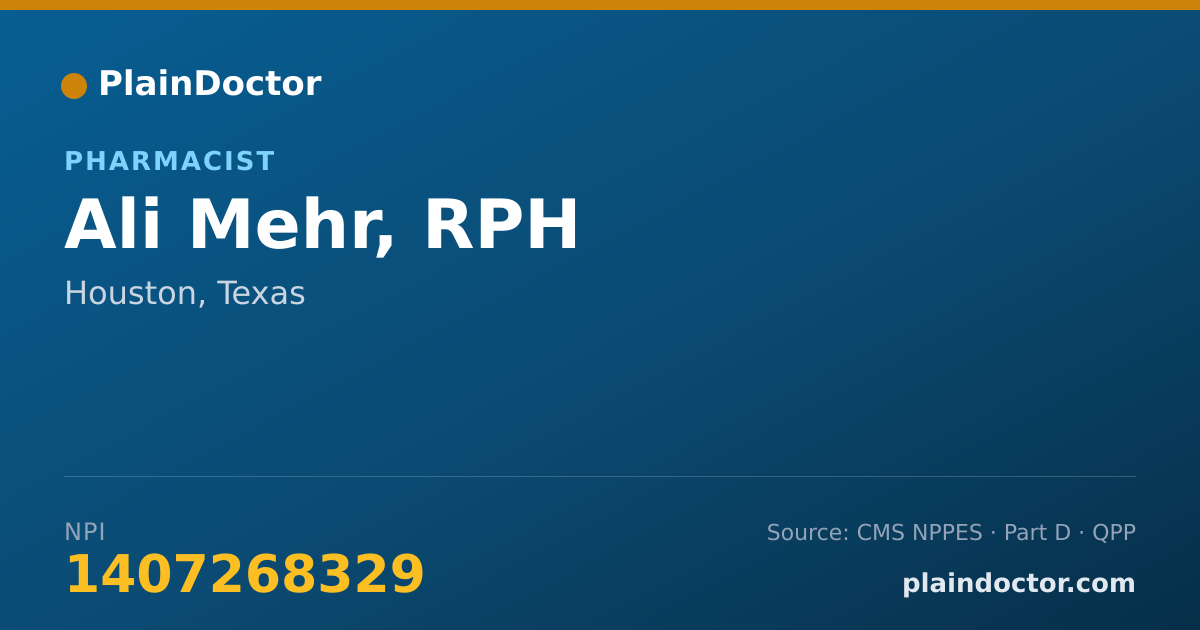 Shareable card for Ali Mehr, RPH - Pharmacist, Houston, TX