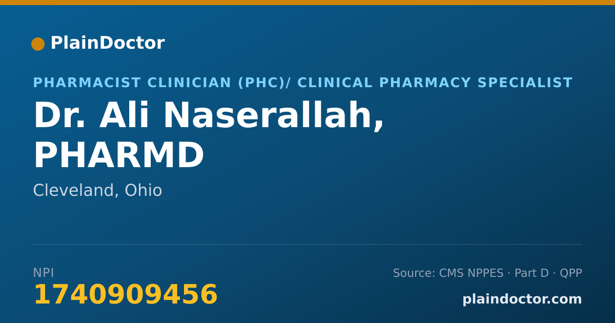 Shareable card for Ali Naserallah, PHARMD - Pharmacist Clinician (PhC)/ Clinical Pharmacy Specialist, Cleveland, OH