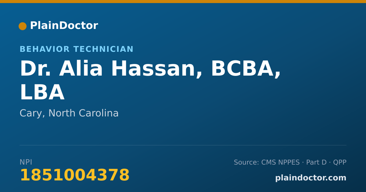Shareable card for Alia Hassan, BCBA, LBA - Behavior Technician, Cary, NC