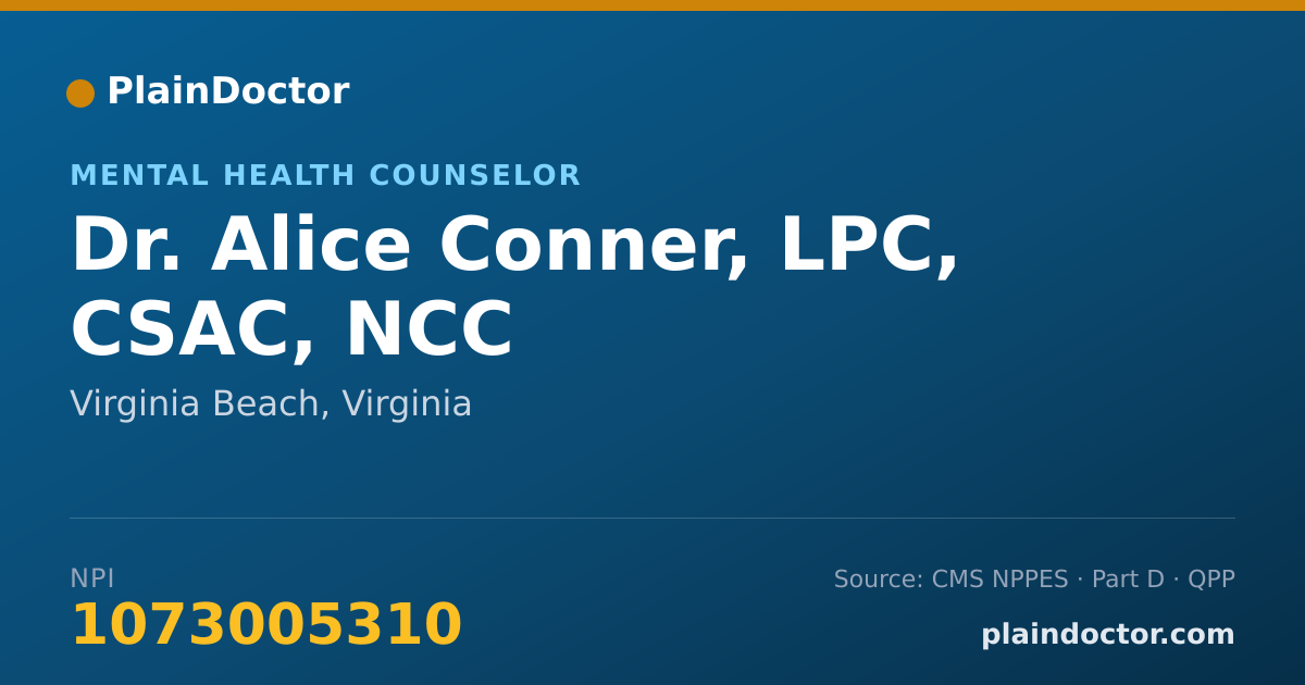 Shareable card for Alice Conner, LPC, CSAC, NCC - Mental Health Counselor, Virginia Beach, VA