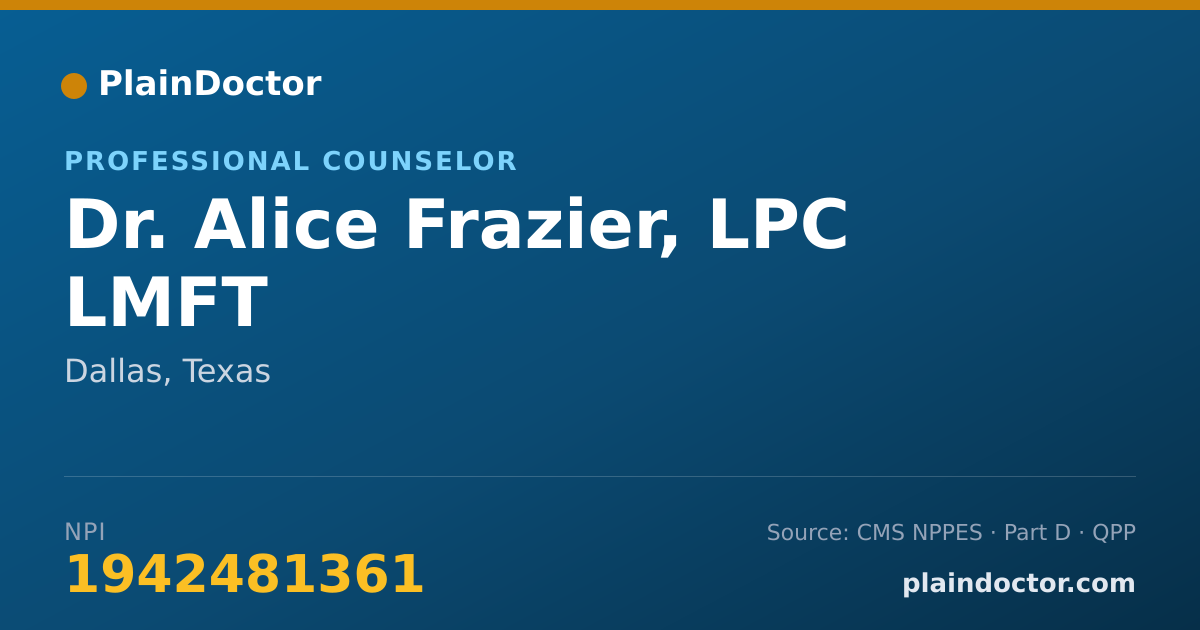 Shareable card for Alice Frazier, LPC LMFT - Professional Counselor, Dallas, TX
