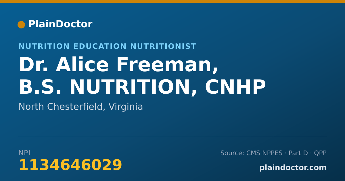 Shareable card for Alice Freeman, B.S. NUTRITION, CNHP - Nutrition Education Nutritionist, North Chesterfield, VA