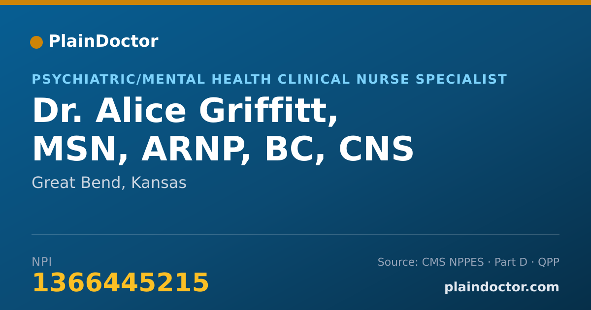 Shareable card for Alice Griffitt, MSN, ARNP, BC, CNS - Psychiatric/Mental Health Clinical Nurse Specialist, Great Bend, KS