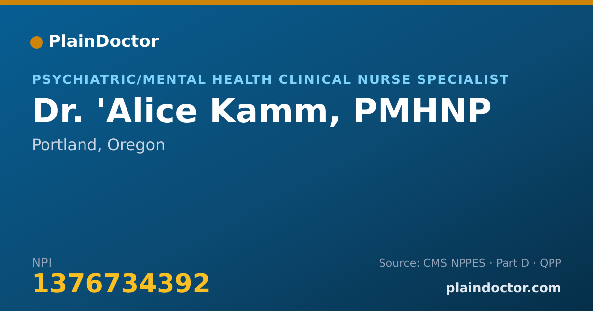 Shareable card for 'Alice Kamm, PMHNP - Psychiatric/Mental Health Clinical Nurse Specialist, Portland, OR