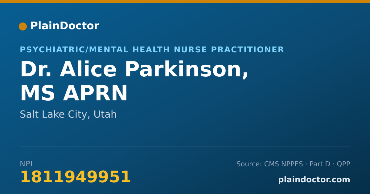Shareable card for Alice Parkinson, MS APRN - Psychiatric/Mental Health Nurse Practitioner, Salt Lake City, UT
