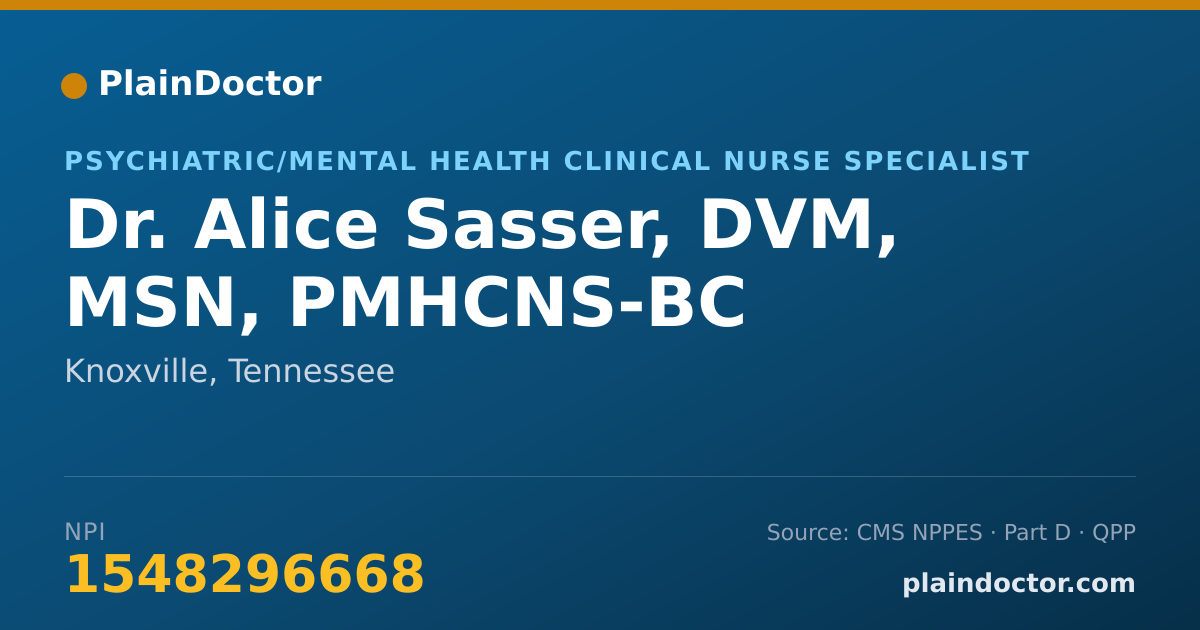 Shareable card for Alice Sasser, DVM, MSN, PMHCNS-BC - Psychiatric/Mental Health Clinical Nurse Specialist, Knoxville, TN