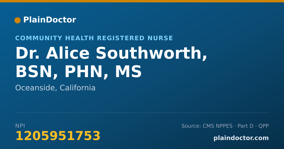 Shareable card for Alice Southworth, BSN, PHN, MS - Community Health Registered Nurse, Oceanside, CA