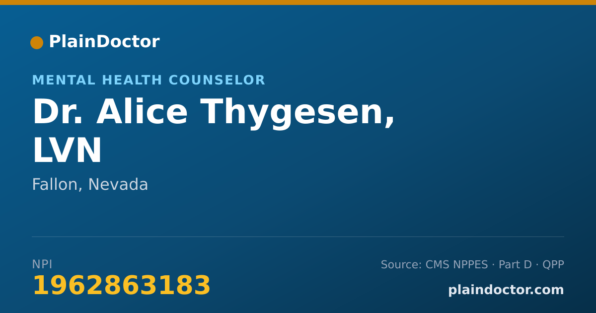 Shareable card for Alice Thygesen, LVN - Mental Health Counselor, Fallon, NV