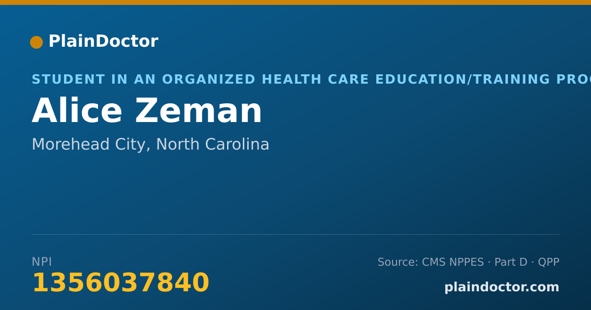 Shareable card for Alice Zeman - Student in an Organized Health Care Education/Training Program, Morehead City, NC