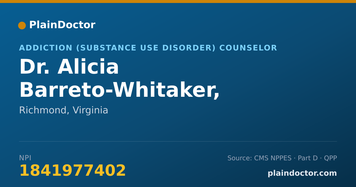 Shareable card for Alicia Barreto-Whitaker, CSAC-SUPERVISEE - Addiction (Substance Use Disorder) Counselor, Richmond, VA
