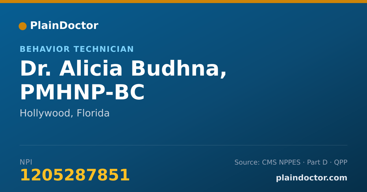 Shareable card for Alicia Budhna, PMHNP-BC - Behavior Technician, Hollywood, FL