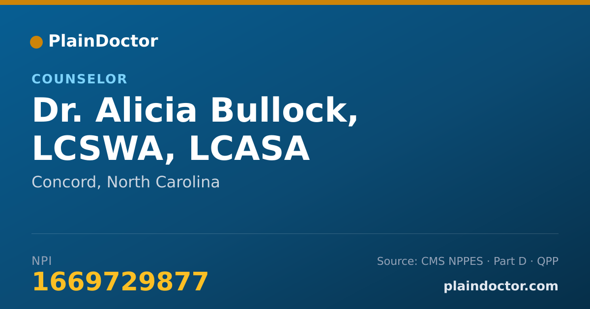 Shareable card for Alicia Bullock, LCSWA, LCASA - Counselor, Concord, NC