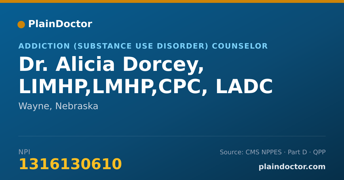 Shareable card for Alicia Dorcey, LIMHP,LMHP,CPC, LADC - Addiction (Substance Use Disorder) Counselor, Wayne, NE