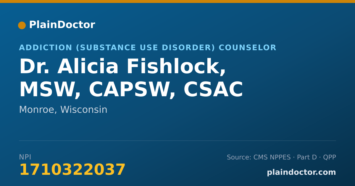 Shareable card for Alicia Fishlock, MSW, CAPSW, CSAC - Addiction (Substance Use Disorder) Counselor, Monroe, WI