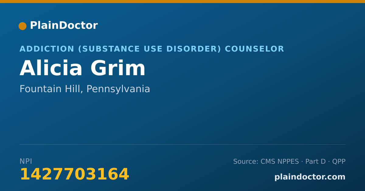 Shareable card for Alicia Grim - Addiction (Substance Use Disorder) Counselor, Fountain Hill, PA