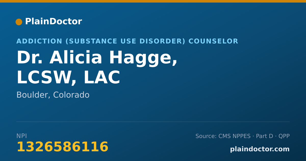 Shareable card for Alicia Hagge, LCSW, LAC - Addiction (Substance Use Disorder) Counselor, Boulder, CO