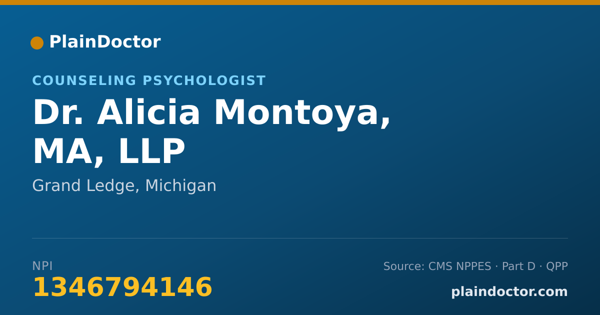 Shareable card for Alicia Montoya, MA, LLP - Counseling Psychologist, Grand Ledge, MI