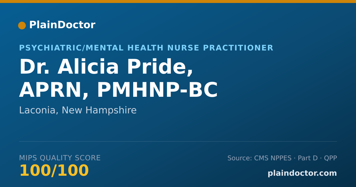 Shareable card for Alicia Pride, APRN, PMHNP-BC - Psychiatric/Mental Health Nurse Practitioner, Laconia, NH