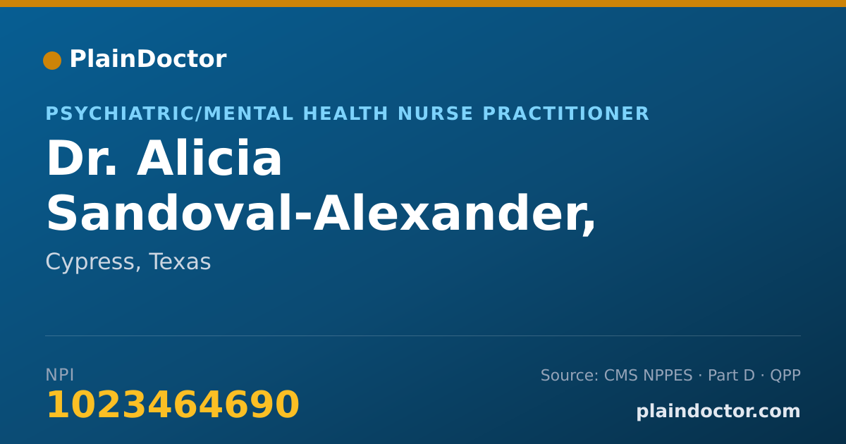 Shareable card for Alicia Sandoval-Alexander, NP, FNP-BC, PMHNP-BC - Psychiatric/Mental Health Nurse Practitioner, Cypress, TX