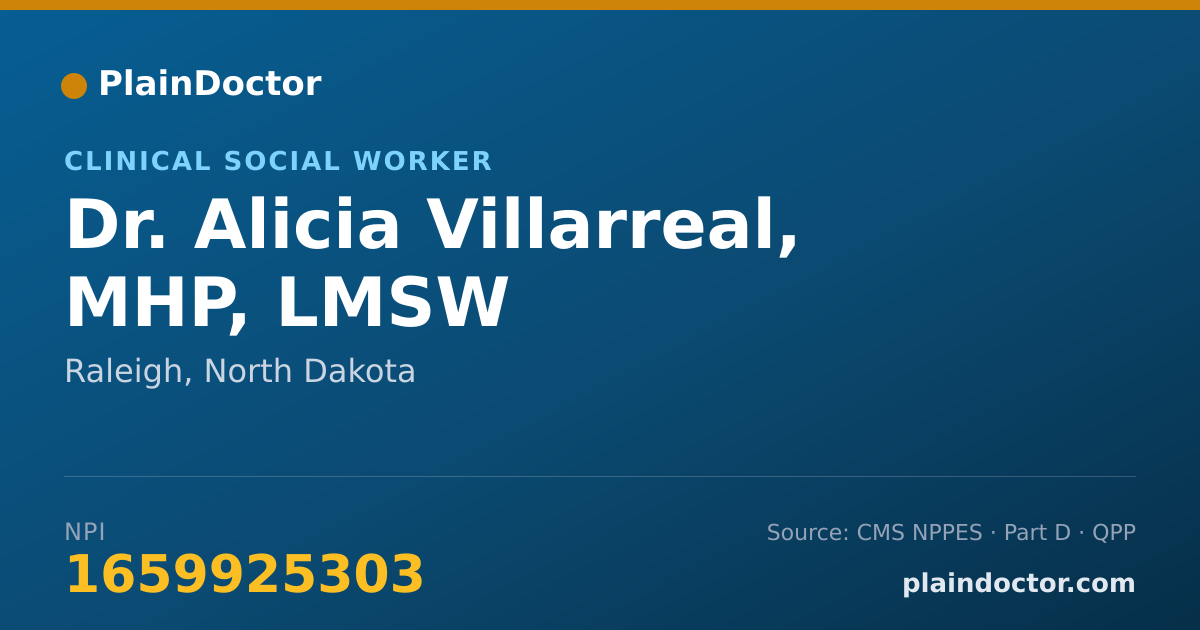 Shareable card for Alicia Villarreal, MHP, LMSW - Clinical Social Worker, Raleigh, ND