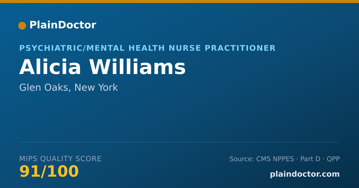 Shareable card for Alicia Williams - Psychiatric/Mental Health Nurse Practitioner, Glen Oaks, NY