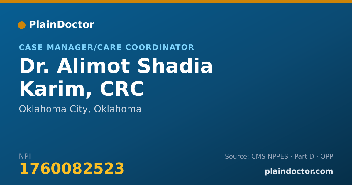 Shareable card for Alimot Shadia Karim, CRC - Case Manager/Care Coordinator, Oklahoma City, OK