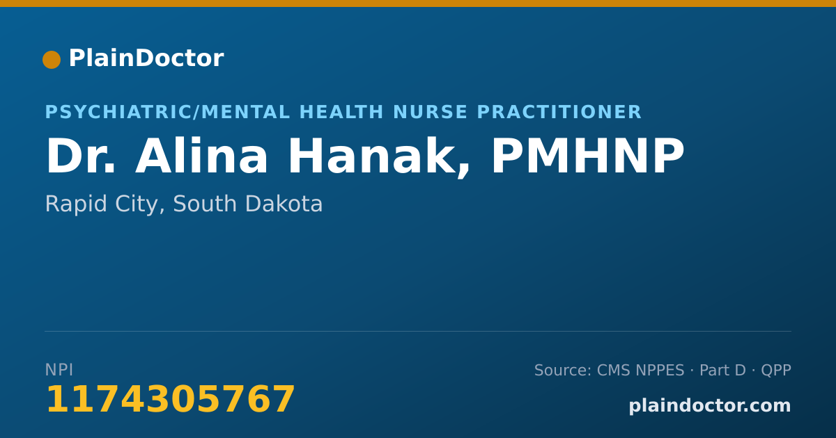 Shareable card for Alina Hanak, PMHNP - Psychiatric/Mental Health Nurse Practitioner, Rapid City, SD