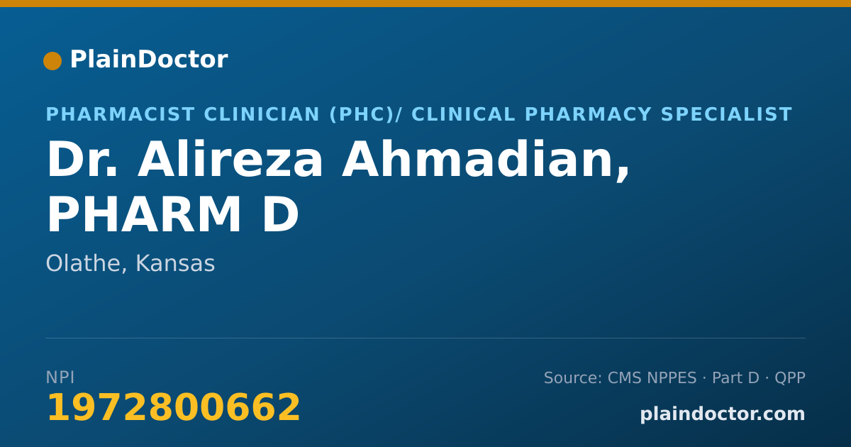 Shareable card for Alireza Ahmadian, PHARM D - Pharmacist Clinician (PhC)/ Clinical Pharmacy Specialist, Olathe, KS