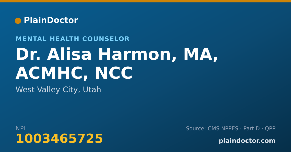 Shareable card for Alisa Harmon, MA, ACMHC, NCC - Mental Health Counselor, West Valley City, UT
