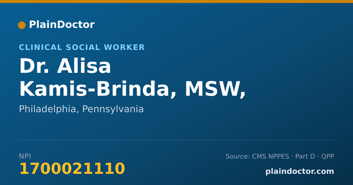 Shareable card for Alisa Kamis-Brinda, MSW, LCSW, LCADC - Clinical Social Worker, Philadelphia, PA