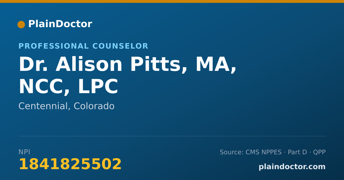 Shareable card for Alison Pitts, MA, NCC, LPC - Professional Counselor, Centennial, CO