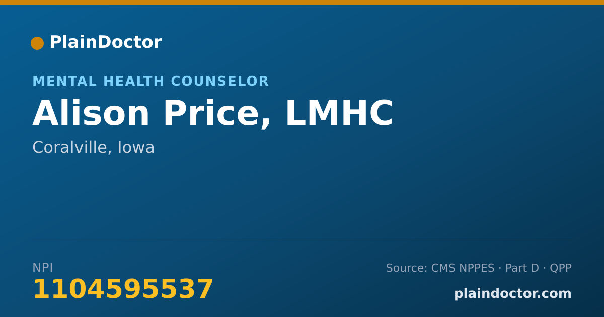 Shareable card for Alison Price, LMHC - Mental Health Counselor, Coralville, IA