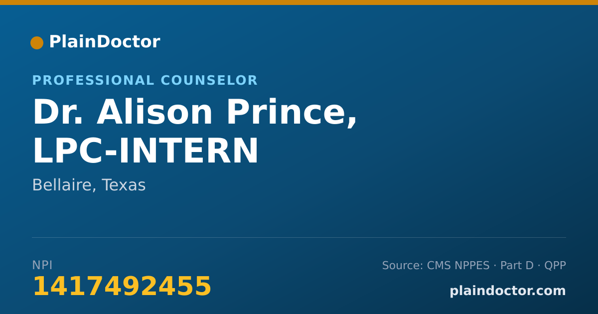 Shareable card for Alison Prince, LPC-INTERN - Professional Counselor, Bellaire, TX