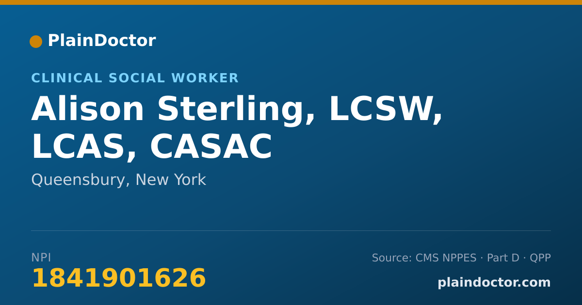 Shareable card for Alison Sterling, LCSW, LCAS, CASAC - Clinical Social Worker, Queensbury, NY