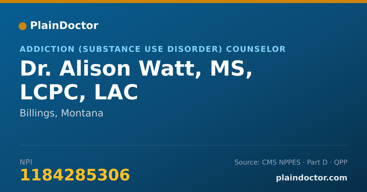 Shareable card for Alison Watt, MS, LCPC, LAC - Addiction (Substance Use Disorder) Counselor, Billings, MT